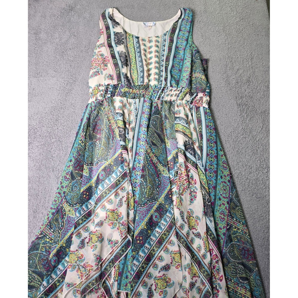 J. Glee Womens 2X Dress Multicolor Paisley Handkerchief Hem Smocked Waist Boho